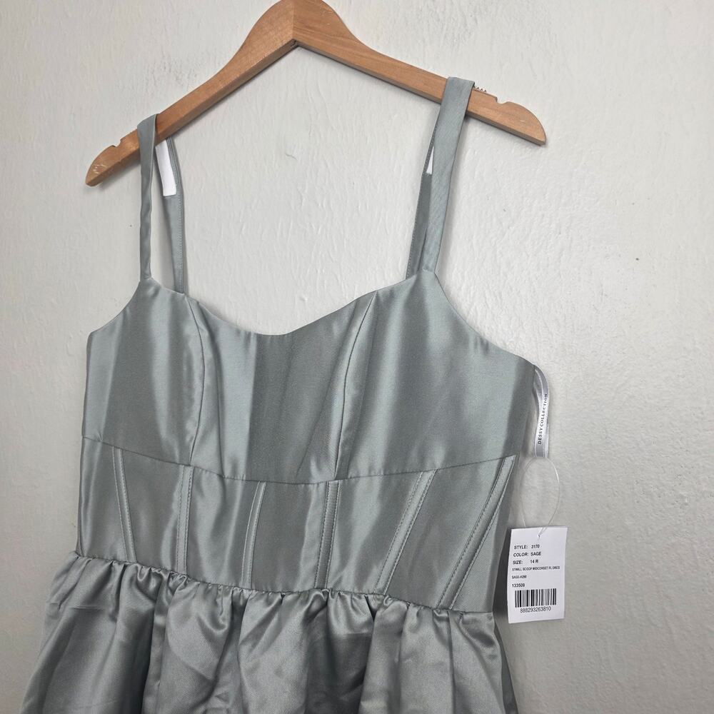 NWT Dessy Collection Scoop Neck Corset Satin Maxi Dress Pockets Sage 14R - Picture 4 of 14